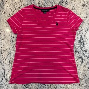 U.S. Polo Assn Pink Striped V Neck Tee Large Cotton Stretch Casual Top